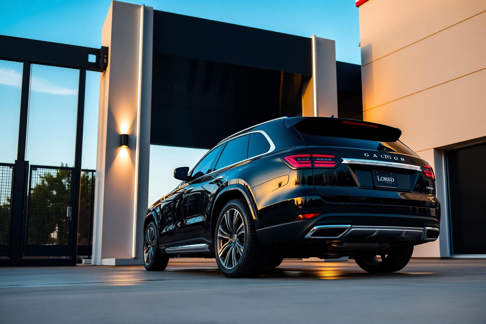 Premium black SUV at modern Super Shine Car Wash in Rockwall Texas at golden hour